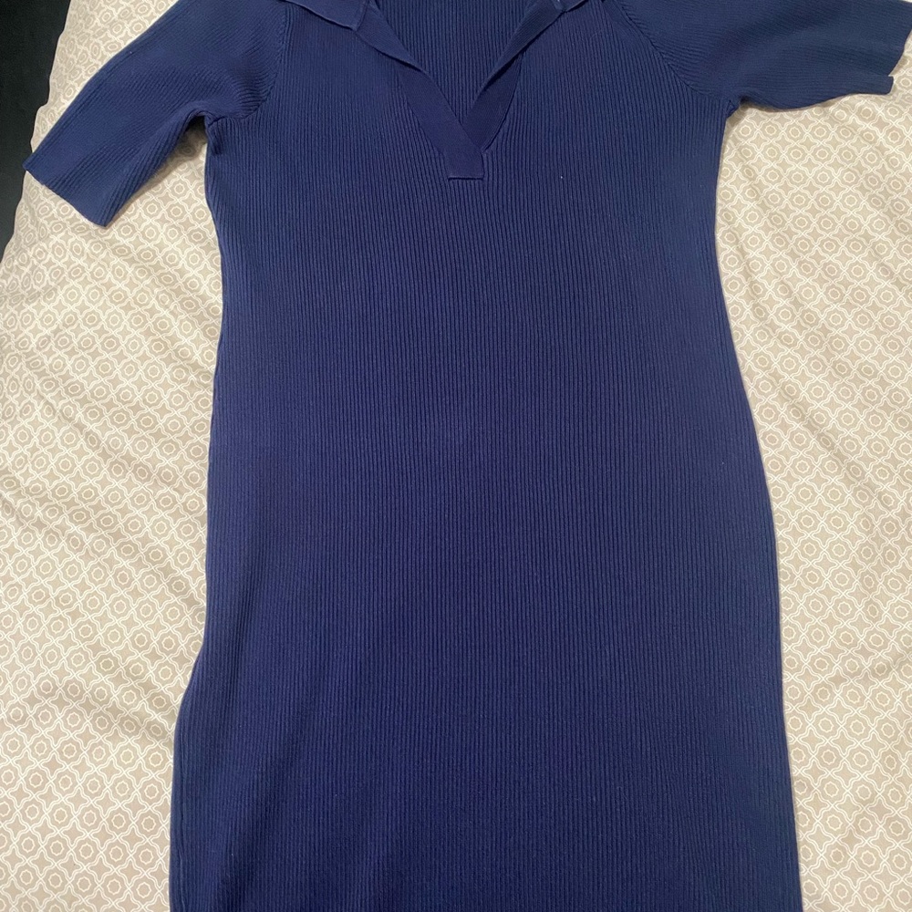 Nina Leonard Blue Polo Collar Maxi Dress